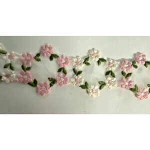 Vintage Embroidered Floral Ribbon Mesh White Pink Flowers 2in x 57in Trim Sewing